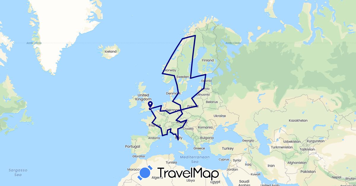 TravelMap itinerary: driving in Austria, Belgium, Czech Republic, Germany, Denmark, Estonia, Finland, France, United Kingdom, Italy, Latvia, Monaco, Netherlands, Norway, Poland, Sweden, Slovenia (Europe)